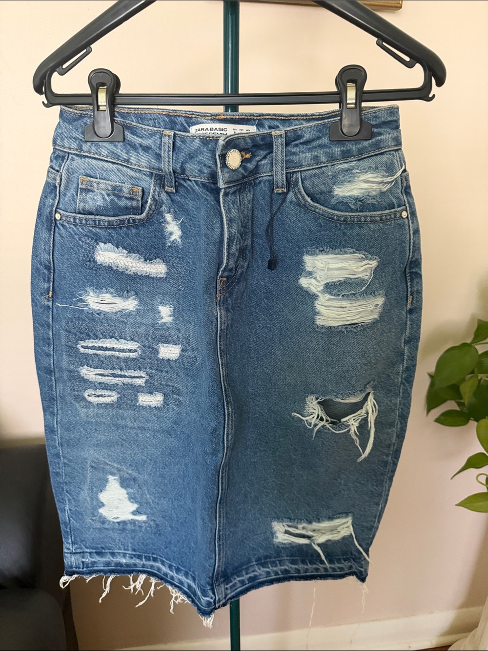 Zara Distressed Blue Midi Denim Skirt